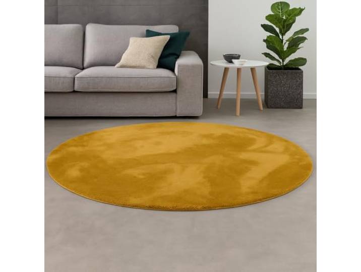 Pergamon Tapis Fausse Fourrure Pearl Jaune Curry Rond – Super Doux Shaggy à Poils Longs