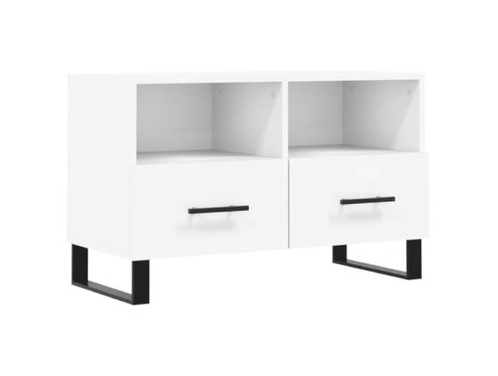 KUPTYERFG TV Lowboard Weiß 80x36x50 cm TV-Möbel Holzwerkstoff Kompakter TV-Tisch mit 2 Fächern und 2 Schubladen für Ihr Wohnzimmer. Stabile Eisenbeine bieten zuverlässigen Halt.
