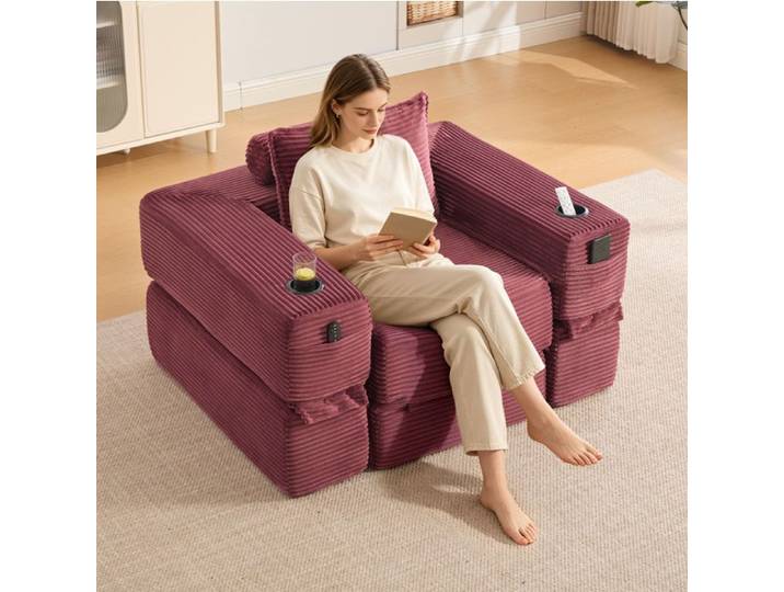 Canapé clic-clac velours côtelé assise ferme et stable poche latérale porte-gobelet sous vide