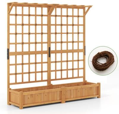Costway 71 Inches Large Wooden Planter Container with Trellis and Hanging Roof-Orange