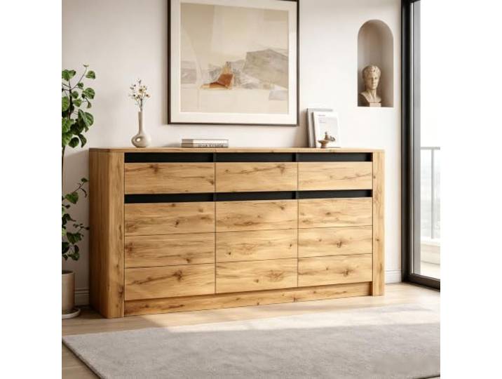 Merax Sideboard 140cm Breit, Buffetschrank mit 3 Schublade, 3 Türen, Küchenschrank mit Verstellbare Ablagen, Landhausstil Kommode, Aufbewahrungsschrank für Wohnzimmer Schlafzimmer Flur, Naturholzfarbe