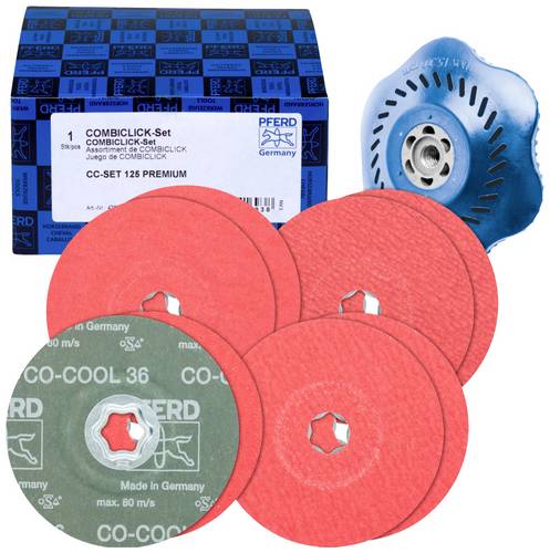 PFERD TOOLS 42098002 COMBICLICK-Fiberscheiben-Set Keramikkorn Ø125mm CO-COOL 36, 60, 80, 120 mit CC-H-GT-Stützteller für
