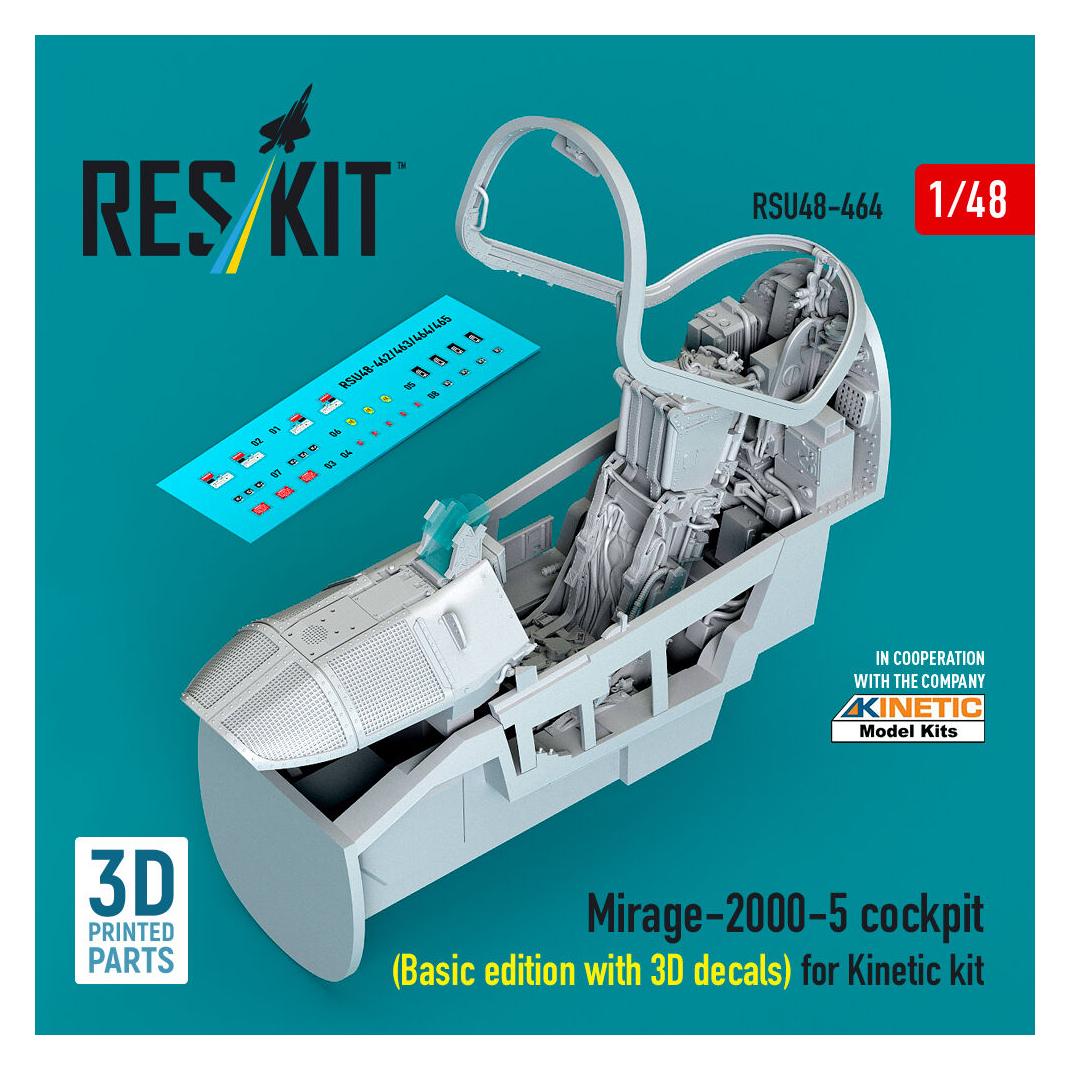 ResKit Mirage-2000-5 cockpit (Basic edition with 3D decals) for Kinetic kit (3D Printed) (RSU48-0464)