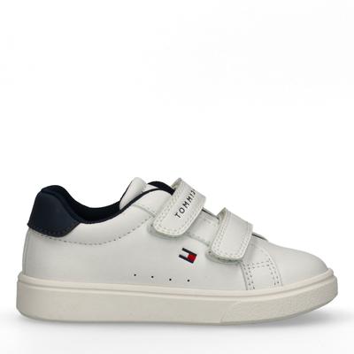 Sneaker TOMMY HILFIGER, Mädchen, Gr. 27, Textil, weiß, blau, Lederimitat, Schuhe Sneaker, Halbschuh, Klettschuh im sportlichen Retro-Design