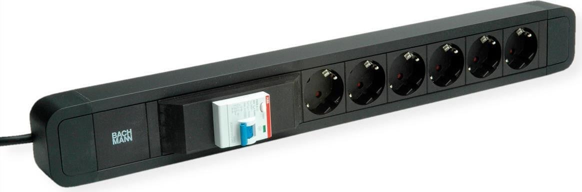 Bachmann Primo 2 stekkerdoos met 6x CEE7/3 en 1x FI, zwart, 2 meter
