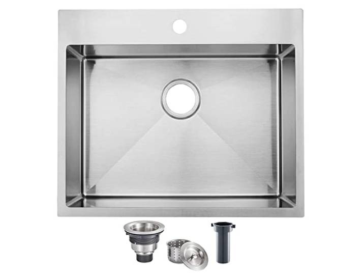 SHACO 63,5 cm große Küchenspüle, Spültisch, obere Halterung, 63,3 x 55,9 x 22,9 cm, Edelstahl, Einzelschüssel, gebürstetes Nickel, Wohnmobil-Waschbecken, Aufsatzspüle mit Ablauf, Spül