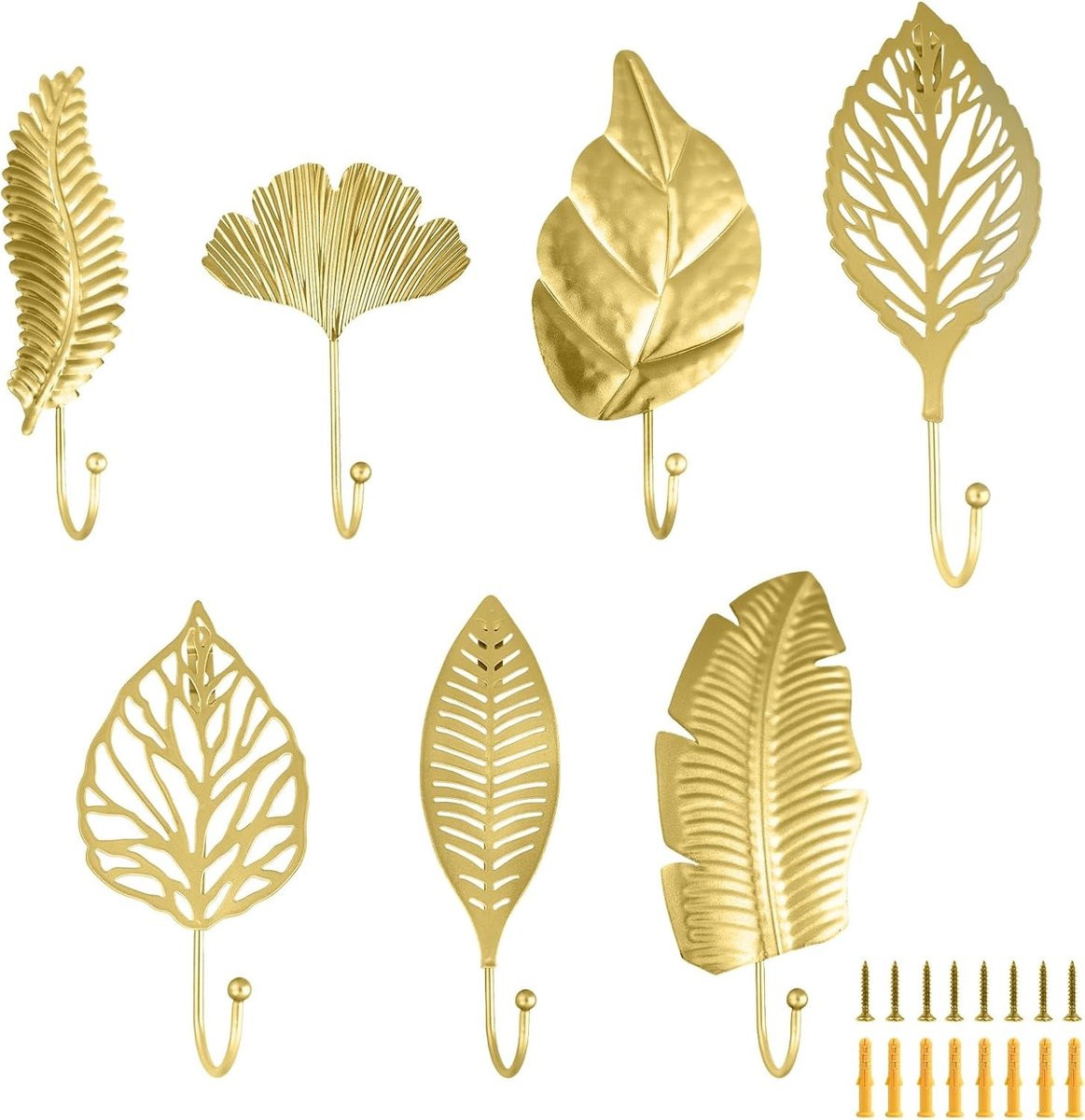 Set van 7 gouden metalen wandhaken voor kleding en accessoires