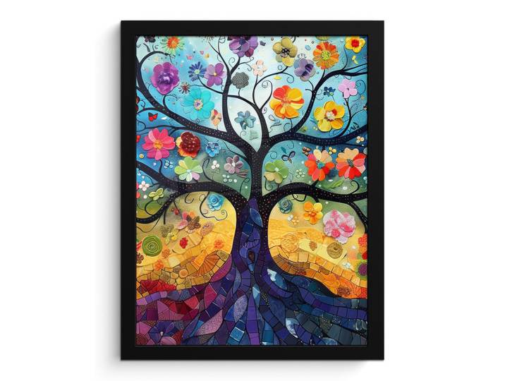 MuchoWow Poster MIT Rahmengerahmtes Bild - Kunst - Baum des Lebens - Blumen - Hippie - 30x40 cm, Dunkelblau, Papier, Rechteckig, 30x40 cm, gerahmt, Bilder & Rahmen, Bilder