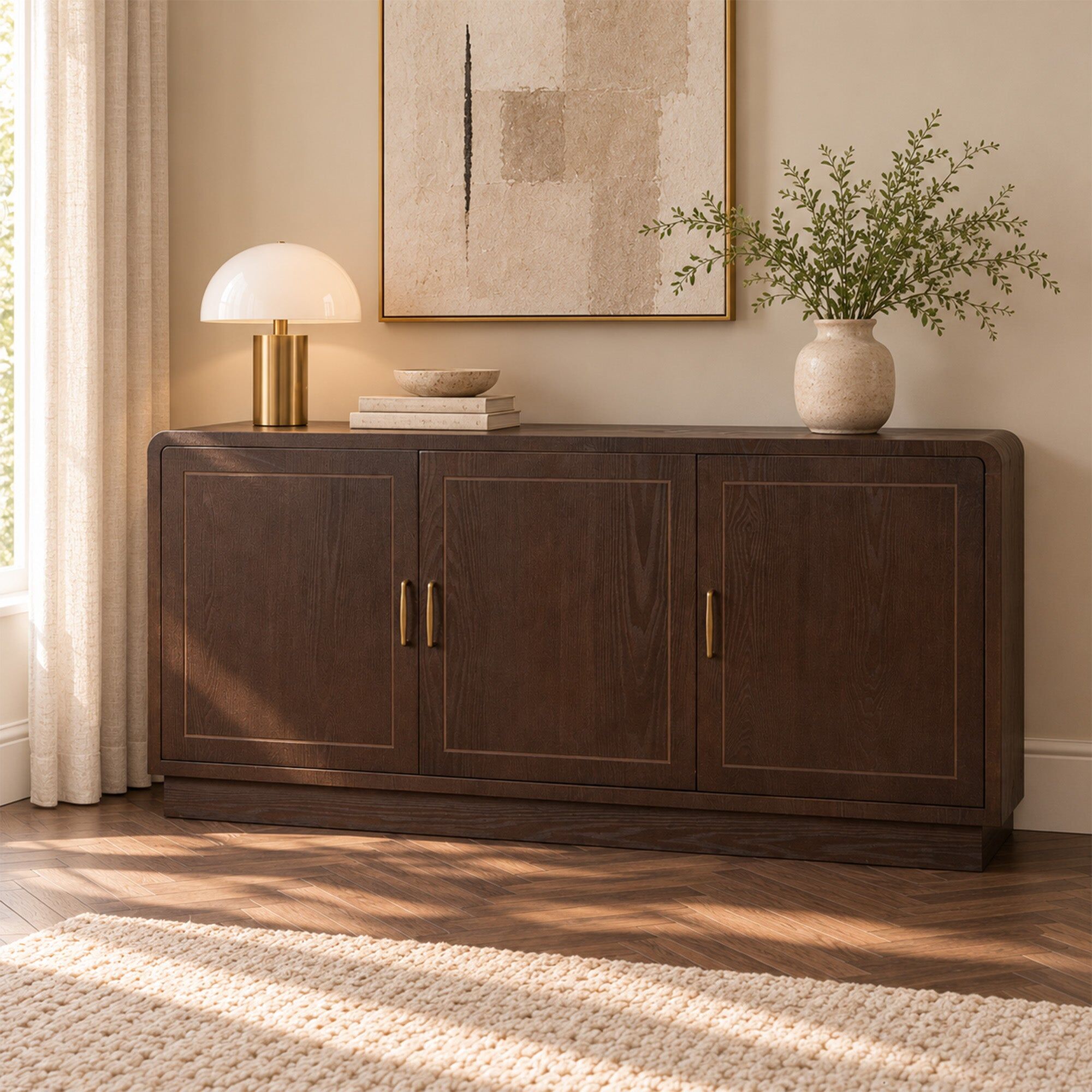 Large Dark Wood Curved 3 Door Sideboard - Kingsley Range Wood, Metal