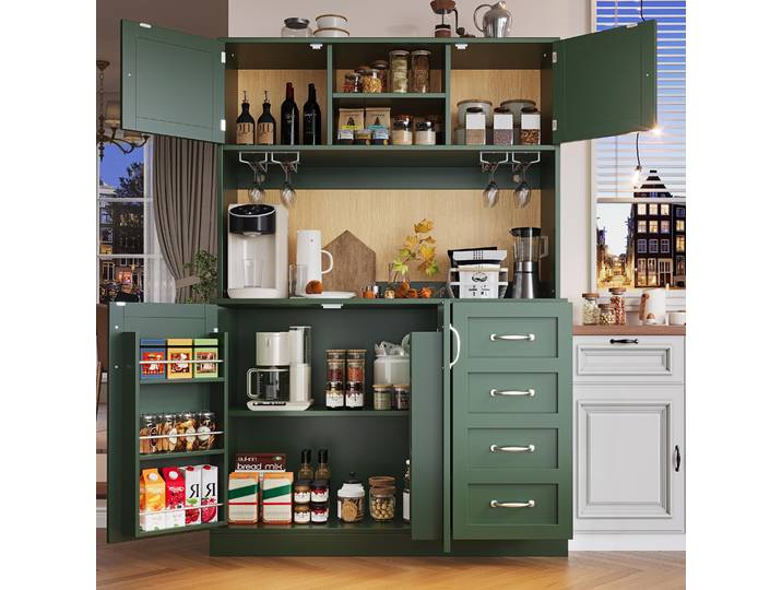 STILVORA Sideboard mit LED-Beleuchtung und Snackregal,Buffetschrank mit Getränkehaltern,Aufbewahrungsschrank mit 4 Türen und 2 Schubladen, Küchenschrank Grün
