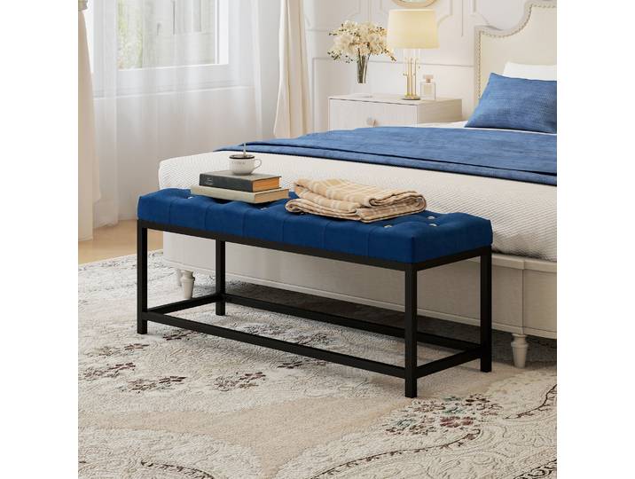 HOMCOM Banc Capitonné Velours Bleu Base Métallique Chambre