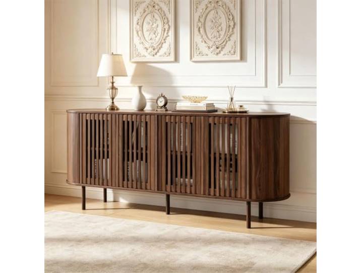 160x40x70cm Sideboard aus MDF mit 4 perforierten Schiebetüren,moderner Kommode mit verstellbaren Einlegeböden und stabilen Metallbeinen, Wohnzimmer Buffet-Schrank für Flur, Esszimmer,Walnussholzfarbe