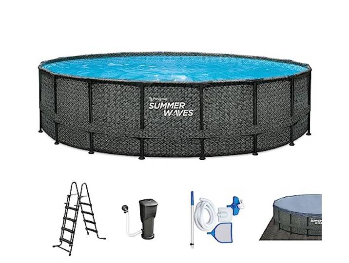 Summer Waves Frame Pool Rund 549x132 cm Rattan-Optik Grau Aufstellpool