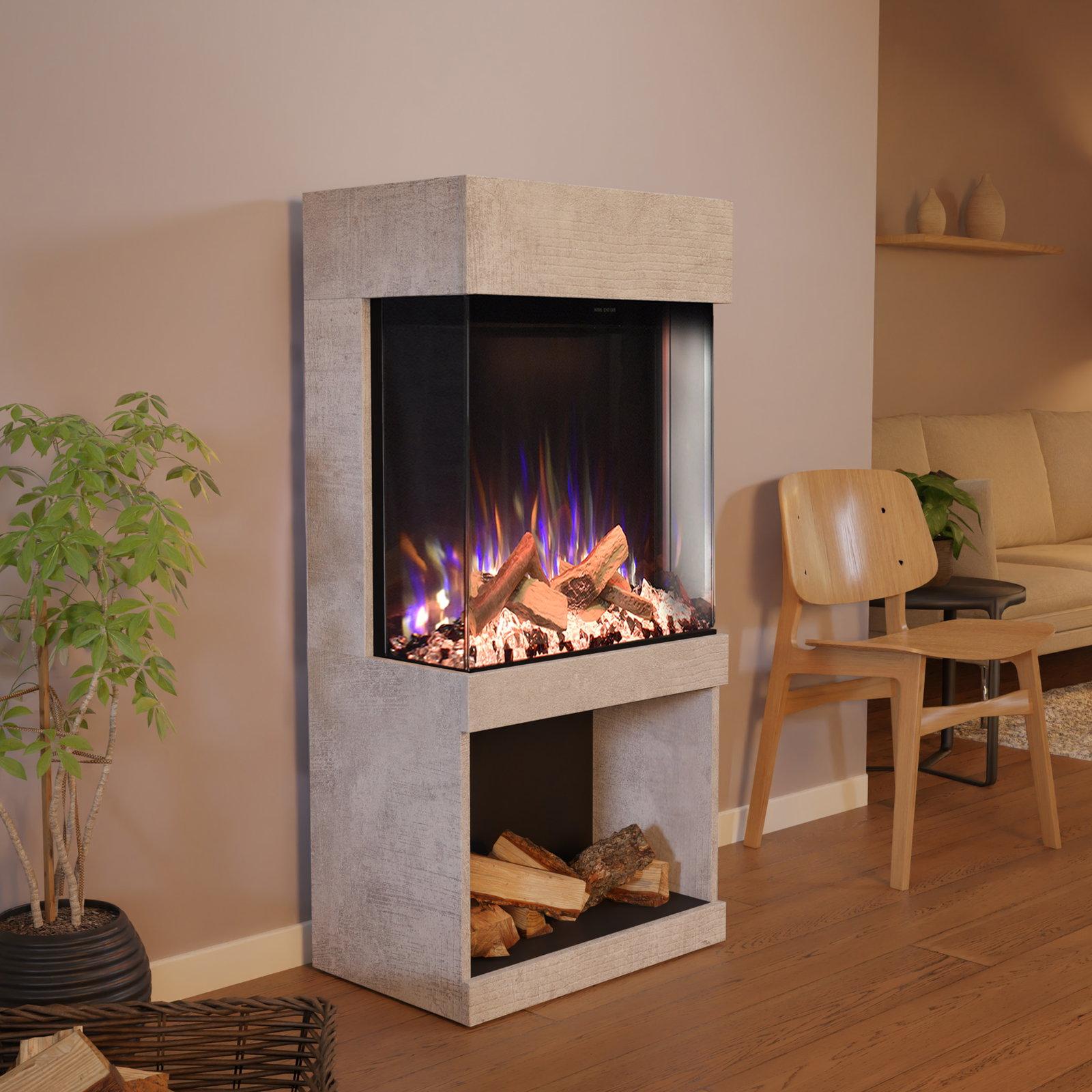 Glow Fire Elektrokamin 'PR12' in Beton| LED Standkamin in Beton mit Heizung (1500 W) | HxBxT: 130x61,5x40cm