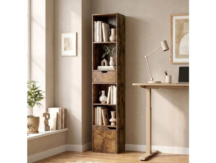 Bibliothèque étroite 6 niveaux EVRYAE 30 x 24 x 158 cm étagère réglable 1 tiroir 1 porte marron rustique