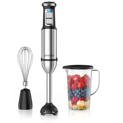 Arendo Stabmixer-Set mit 2000-W-DC-Motor, Edelstahl-Mixfuß, Turbotaste, Schneebesen und 800-ml-Messbecher mit Deckel