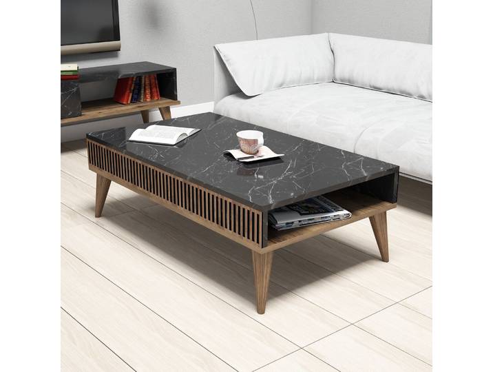 Skye Decor, Moderner Couchtisch in Walnuss und Schwarz, 105 x 60 x 34,6 cm 100% melaminbeschichtete Spanplatte, 18 mm dick Elegantes Marmor-Design für Ihr Zuhause.