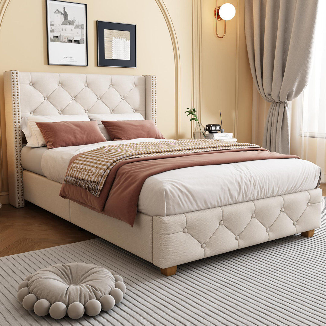 Lark Manor Kenny Upholstered Linen Bed Beige Single (3')