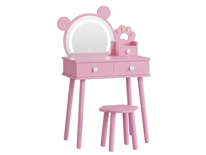 Coiffeuse enfant - LUNSY - Design ours et fleurs - Miroir en forme d'ours - Tabouret en forme de fleur