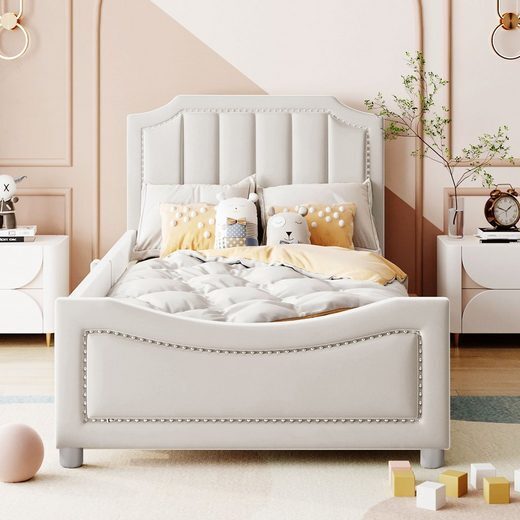 Odikalo Kinderbett Polsterbett Jugendbett 90x200 Flanell Rückenlehne Armlehne Beige