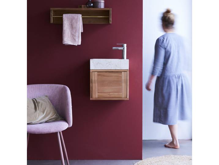 Badunterschrank aus massivem Teakholz und Marmor creme Basic - Beige - Teak