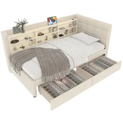 STILVORA Daybett 90x200 Leinen MDF mit 2 Schubladen USB Typ-C Ablagen Lattenrost Modern Schlafsofa Stauraumbett Komfort Beige
