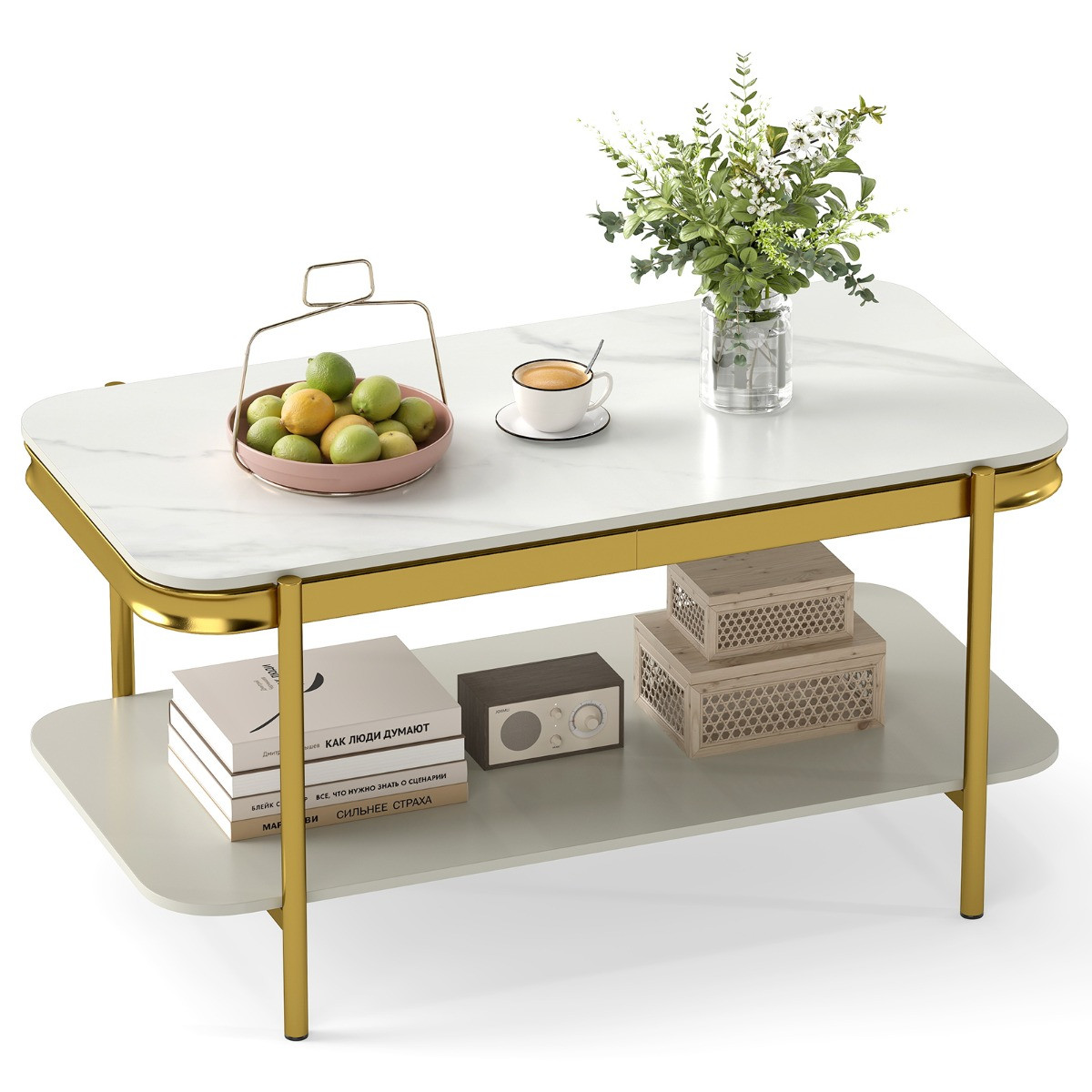 Costway Moderne 2-Traps Rechthoekige Salontafel met Sintersteen Oppervlak en Opbergvak, Wit/Grijs-Wit