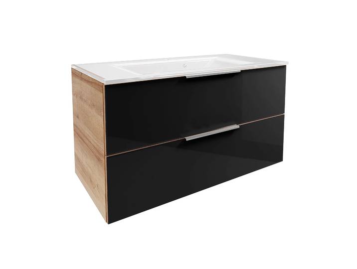 FACKELMANN B.BRILLANT Waschbecken mit Unterschrank 100 cm breit, Anthrazit Glas/Braun hell, Waschbecken Glas Weiß