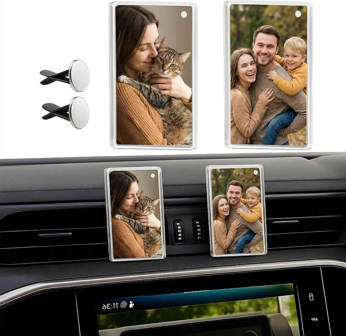 Set van 2 Magnetische Fotohouders voor Dashboardventilatie, Dubbelzijdig Acryl Fotolijstje voor Horizontale en Verticale Weergave