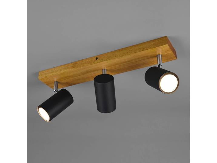 Trio Lighting Deckenstrahler Marley, schwarz matt, 3-flammig dimmbar, Holz hell, für Wohn- / Esszimmer, Metall, Modern, Strahler