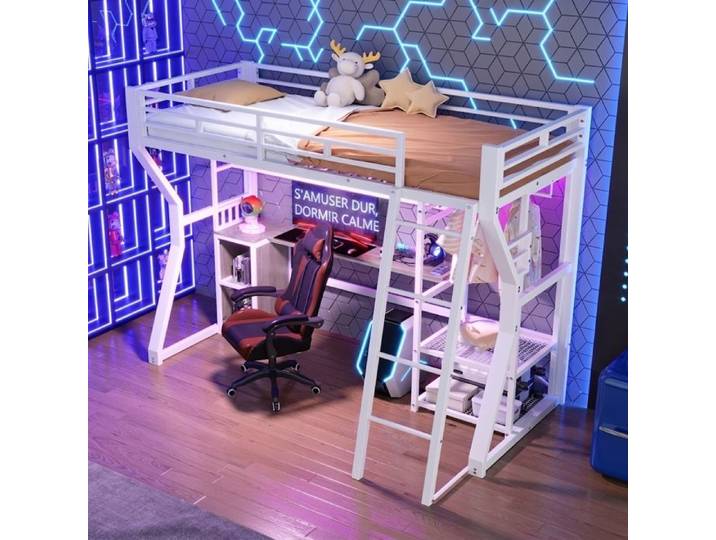 Lit Mezzanine 90x200 Métal Blanc avec Bureau Penderie LED USB Lit Surélevé Enfant Ado Chambre Étude Rentrée Scolaire Norevia
