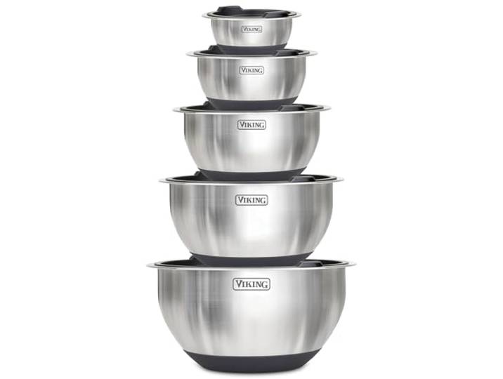 Viking Culinary Edelstahl Rührschüssel-Set, 10-teilig rutschfeste Silikonbasis inkl. luftdichten Deckeln spülmaschinenfest schwarz