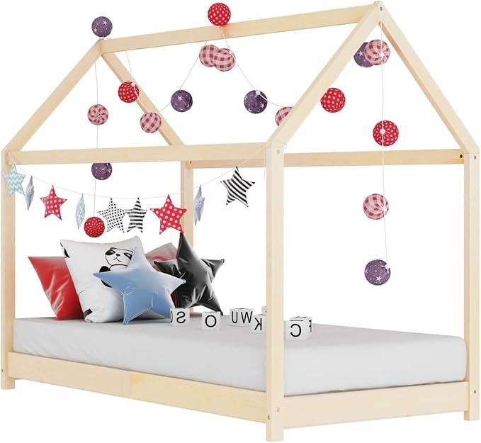 Kinder-Bettgestell Massivholz Kiefer 70 x 140 cm Hausbett Deko Bett Kinder Kinderbett Hausbett Kinder Bodenbett