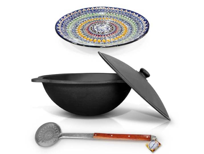 Zarenhoff Set - Kasan Usbekisch Gusseisen 22 L flacher Boden, Deckel, Schaumlöffel 64 cm, Lagan Ø 42 cm Camping Kasan Gulaschkanone (Set - 631)