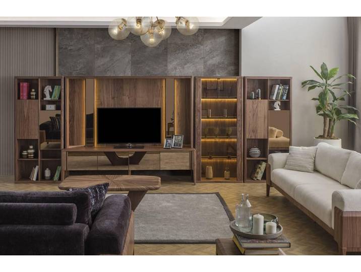 Xlmoebel Wohnwand Braune Wohnwand Mux aus Holz mit LED-Regalen, (Wohnwand), Hergestellt in Europa