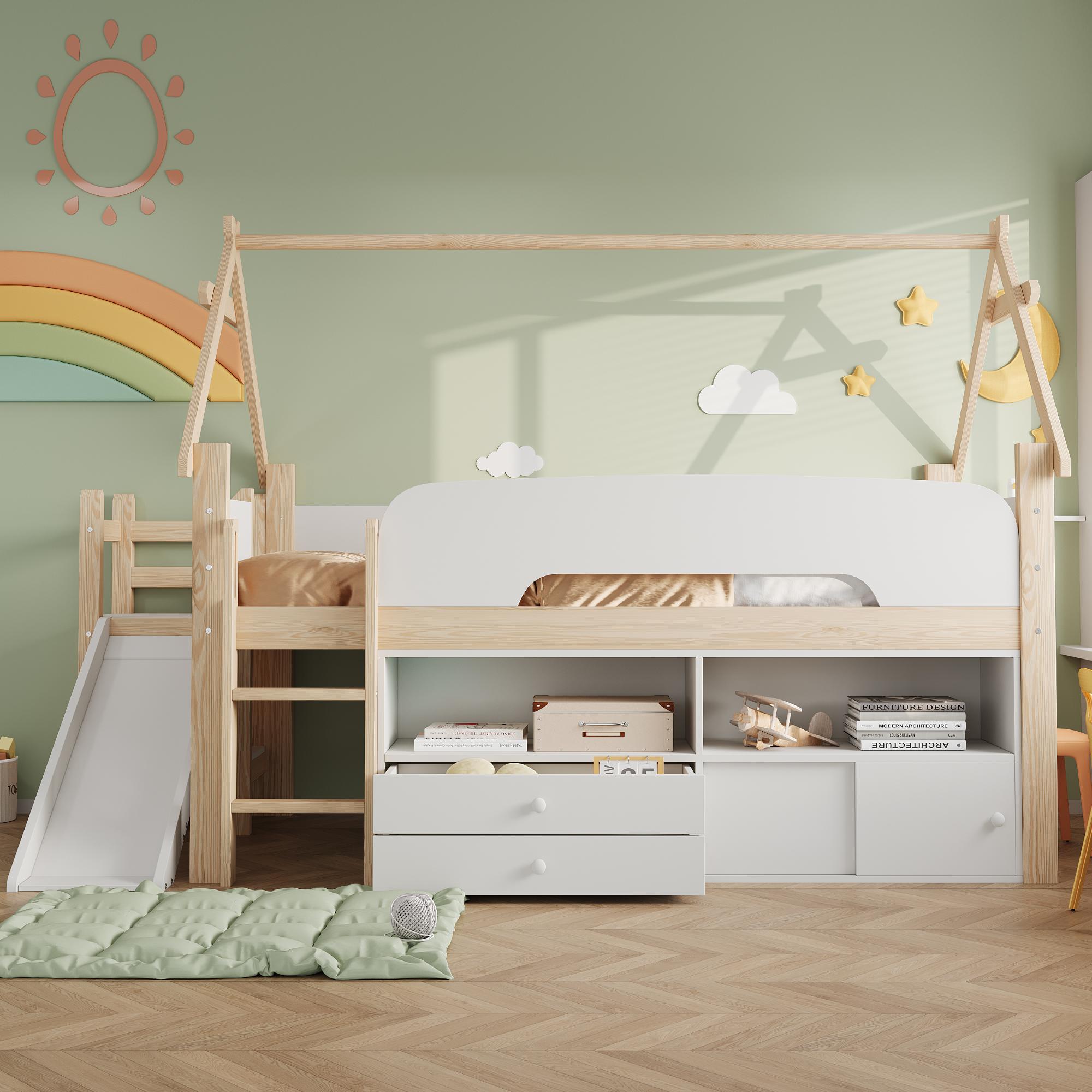 okwish Kinder-Hochbett 90×200 mit Matratze,Rutsche und Schutzgitter,Jugendbett mit Schubladen und Dachrahmen,Einzelbett Natur
