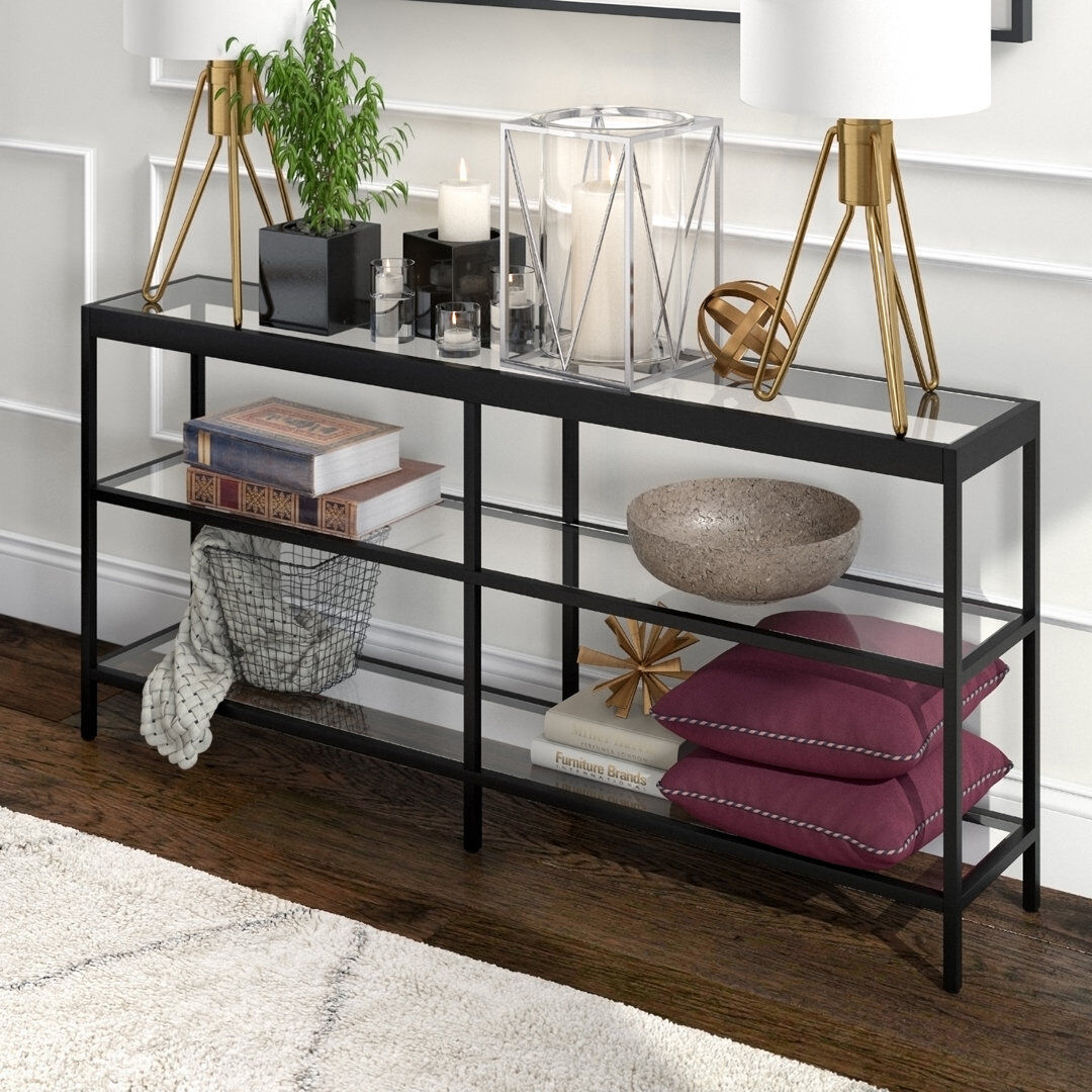Hudson&Canal Alexis 162.6 cm W Glass Top Console Table Blackened Bronze 74.9cm H X 162.6cm W X 30.5cm D