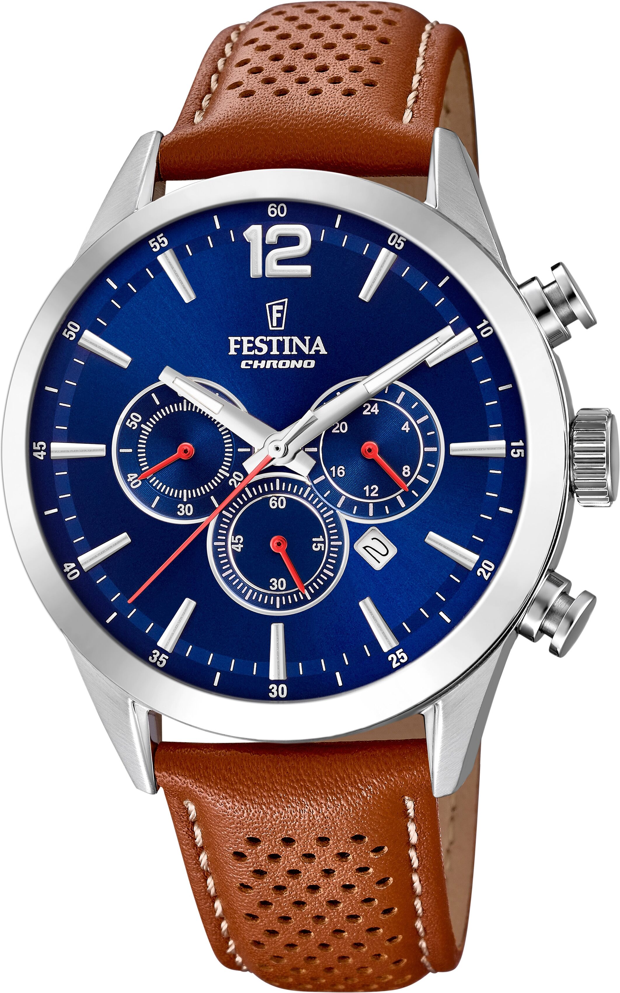 Chronograph FESTINA "Timeless Chronograph", braun (cognacfarben, blau, blau), Armbanduhren, Herren, silberfarben, Chronograph, Armbanduhr, Quarzuhr, Herrenuhr, Stoppfunktion, Lederarmband