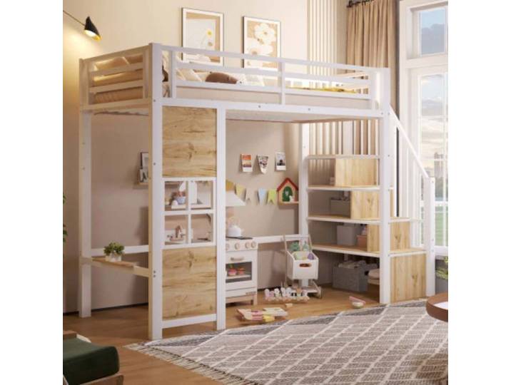 Lit Mezzanine 90x200 Métal Blanc avec Escalier Rangement et Barrière Sécurité Lit Surélevé Enfant Ado Norevia