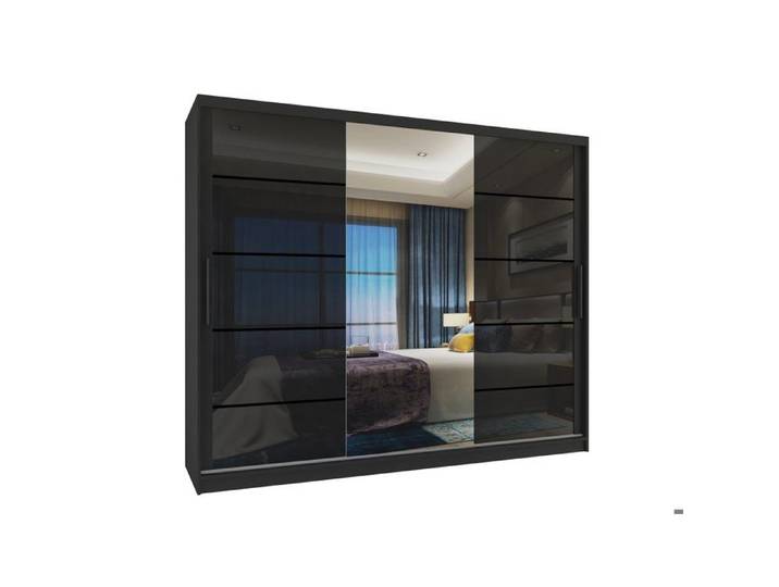 BELINI Grande Armoire 3 Portes Coulissantes VERONA MGB 232 cm - Noir Brillant - Miroir Intégré & 4 Tiroirs - Chambre Adulte