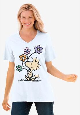 Plus Size Women's Ivory Woodstock V-Neck Tee by Peanuts in Ivory Woodstock (Size L)