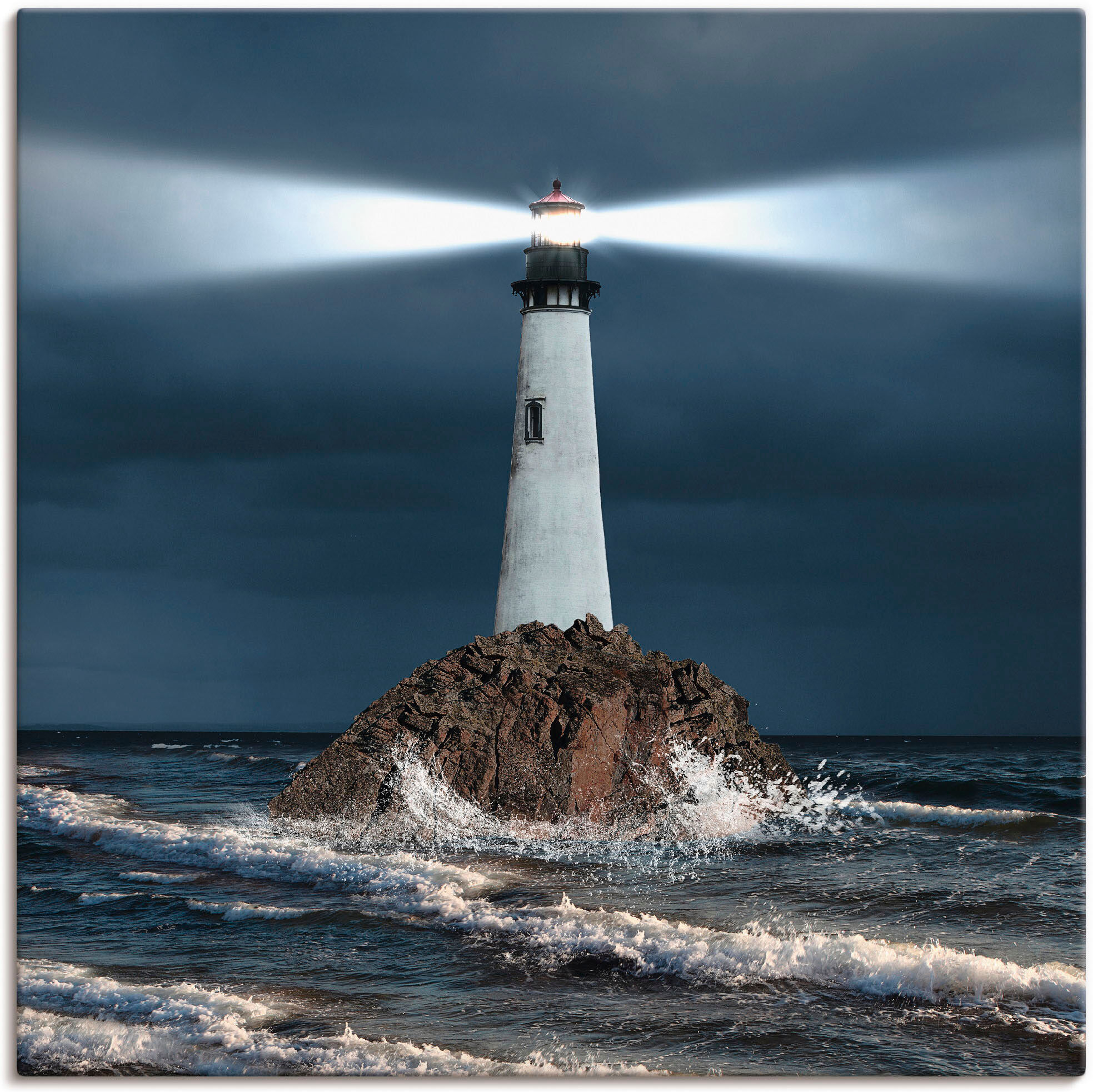 Leinwandbild ARTLAND "Bild von Leuchtturm mit Lichtstrahl", blau (farbe bild(er): blau), B:40cm H:40cm, Bilder, Leinwandbild, auf Holzrahmen gespannt farbe bild(er): blau B/H/T: 40cm x 40cm, Leinwandbild Gebäude quadratisch, 1 Stk.