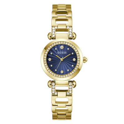 Quarzuhr GUESS "GINGER", gold (goldfarben, blau), Armbanduhren, Damen, Quarzuhr, Armbanduhr, Damenuhr, Edelstahlarmband, analog