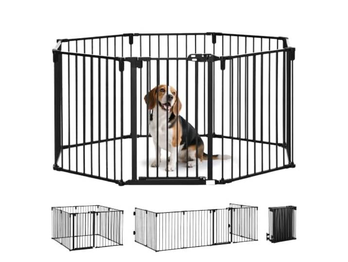PawHut Barrière de Sécurité pour Cheminée 8 Panneaux Porte 482\,5x76cm Noir Parc Enclos Chien\, Pliable\, Modulable sans Perçage