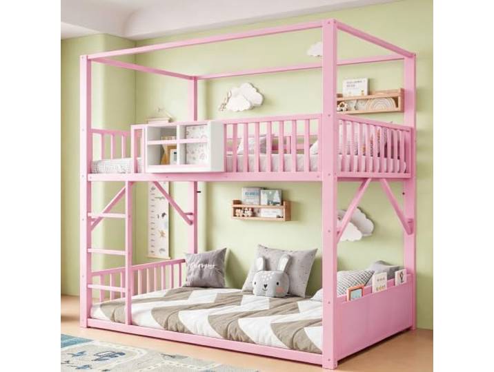 Guishanlihua Metall-Etagenbett 90 x 200 cm für Kinder und Jugendliche, platzsparendes Einzelbettgestell mit Dachkonstruktion, Modernes Kinderetagenbett Rosa