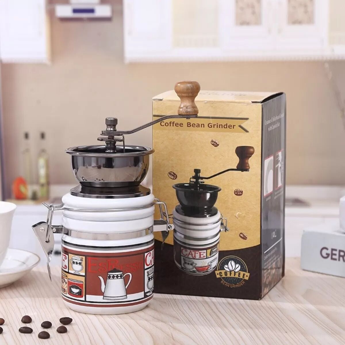 INF Weiße Keramik-Handkurbel-Kaffeemühle – Retro Keramikbehälter Kegelmahlwerk, versiegeltes rundes Fass, manuelle Mühle für