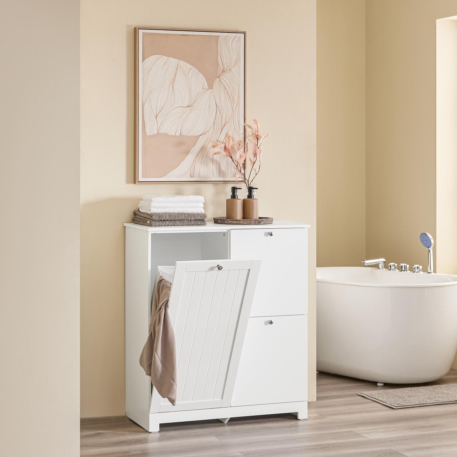 SoBuy Badkamerkast met wasmand en deuren, Wit, Scandinavisch design, Model BZR213-W