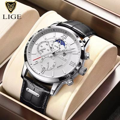 Youfap Market LIGE Luxury Men's Leather Watch Waterproof Quartz Sport Timepiece silver