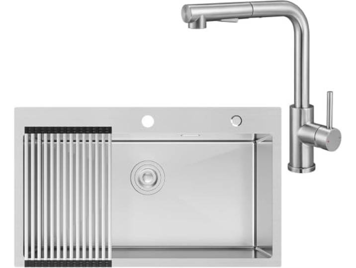 CECIPA 75 x 45 cm Stahlspüle mit L ausziehbarer Küchenarmatur, Küchenspüle 1 Edelstahlwanne für Schrank von 80 cm, mit Siphon und Ablauf