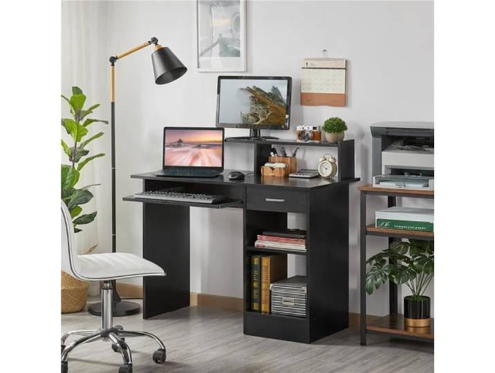Yaheetech Bureau Noir pour Ordinateur PC Bureau Informatique avec Porte Clavier Coulissant Tiroir et 2 étagères Chambre Studio